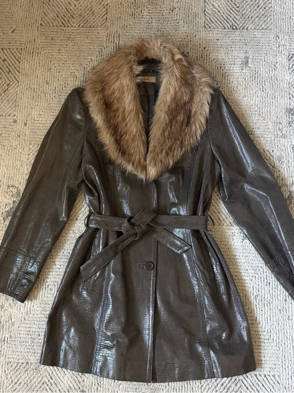 100% leather snakeskin Penny Faux Fur trimmed coat in a dark mushroom brown